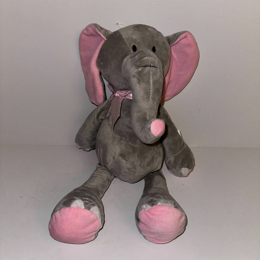 Burton + Burton Elephant Plush Pink Bow 16" Soft Gray Stuffed Toy Floppy Lovey